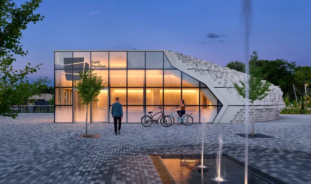 Photography of the cafe pavilion at sunset