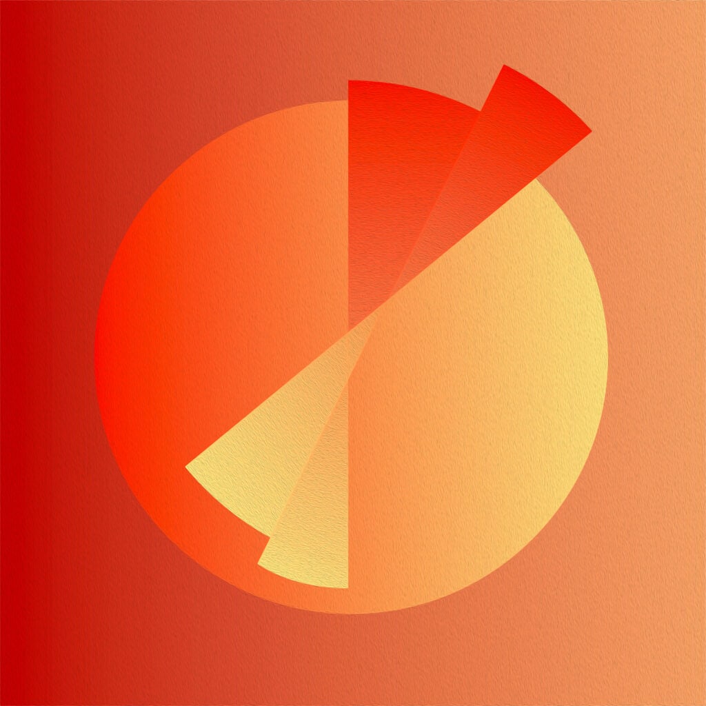 Abstract circle topped with protruding slices. Coloured with a red to yellow gradient